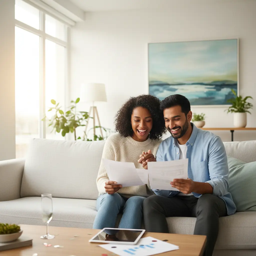 Happy couple celebrating financial freedom